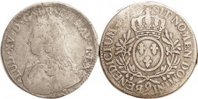 FRANCE, Ecu, 1726-40, Louis XV bust l./arms, Mintmk 9 (Rennes); VG+ but date poorly struck (1739?), ltly toned, minor adj mark at obv top. Melt value ...