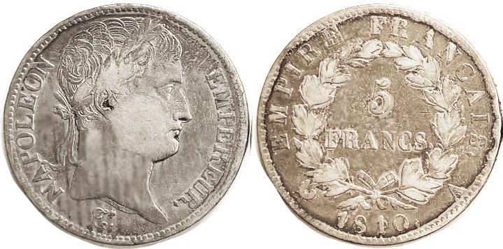 FRANCE, 5 Francs, 1810A, Napoleon bust r/lgnds & wreath; F-VF/F, a couple sm met...