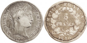 FRANCE, 5 Francs, 1810A, Napoleon bust r/lgnds & wreath; F-VF/F, a couple sm metal flaws on obv, not affecting portrait (and strangely don't show on p...