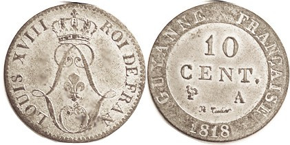 FRENCH GUIANA, 10 centimes 1818A, Monogram/lgnds in circle; UNC, ltly toned, lus...
