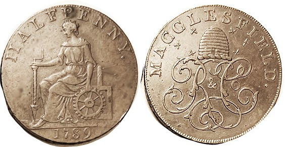 Conder Token, 1/2d 1789, Cheshire Macclesfield D&H 12, Beehive above monogram/ f...