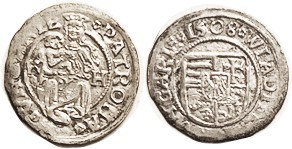 HUNGARY, Wladislaw, Ar Denar, 1508-KH, Madonna & child/shield, 15 mm, EF, sl off...