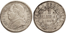 ITALY, Papal States, Ar Lira, 1869-R-XXIII, Pius IX bust l/wreath & lgnds; AF toned.