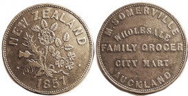 NEW ZEALAND, Token Penny, 1857, Somerville, Family Grocer, 35 mm, Flower bunch/lgnds, VF, nice (cat $220).