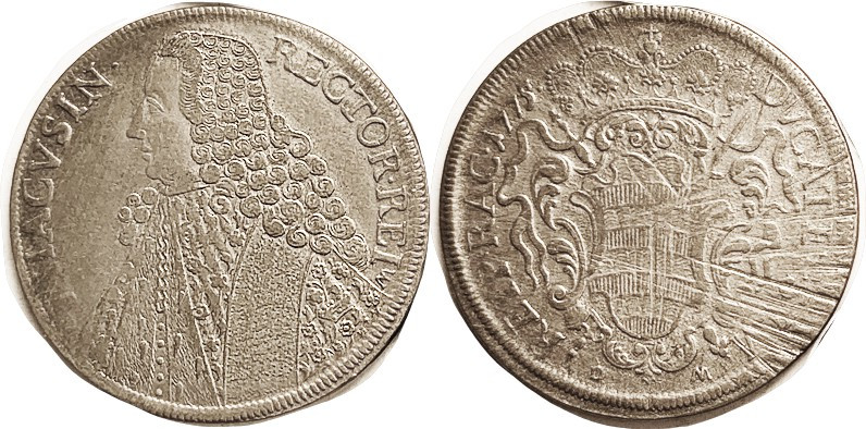 RAGUSA, Ar Tallero, 1775-DM, Bust l./crowned arms, VF, lt tone on sl grainy surf...