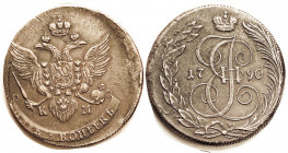 RUSSIA, 5 Kop copper, 1790-KM, big 44 mm, EF, sl off-ctr, sharply struck with full details. Very nice. Far scarcer than EM mint coins. (An NGC AU deta...