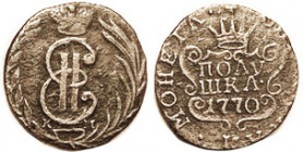 SIBERIA, 1/4 Kopeck (Polushka) 1770, Crowned E monogram in wreath/denomination & date in cartouche; VF, sl off-ctr, steel-brown. Krause VF $150; scarc...
