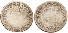 SPAIN, 2 Reales, 1759 Madrid, Lions & castles/arms, 26 mm; G, centers worn, peripheries strong.