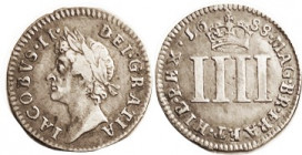 James II, 4 Pence, 1688, Bust l./Crowned IIII; Nice AVF, strong strike, perfect metal with lt tone.