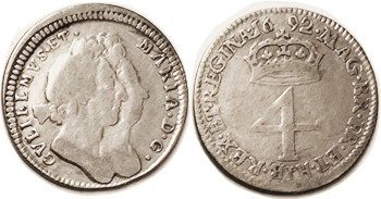 William & Mary, Maundy 4 Pence, 1692, Conjoined busts/Crowned 4; F, obv sl off-c...