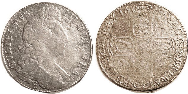 William III, Halfcrown, 1697-E, with inverted A for V in TVTAMEN on edge, ESC 54...