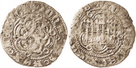 Juan II, 1406-54, Billon Blanca, Seville, 22 mm, Lion in tressure/castle, crude AF, much lgnd wkness, pale brownish silvery color.