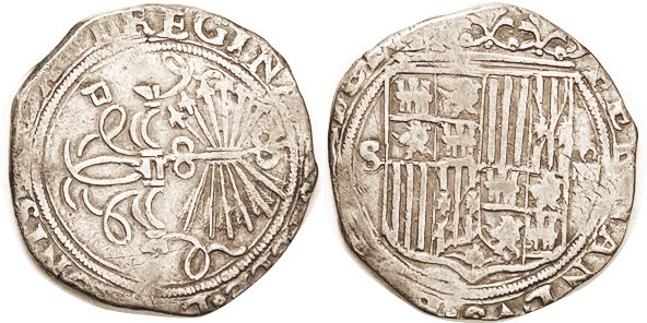 Ferdinand & Isabella, Cob 4 Reales, types as last, Seville, 31 mm, AVF, much of ...