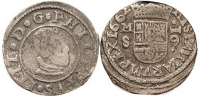 Philip IV, 16 Maravedis, 1662 Madrid-S, Bust r/crowned shield, 27 mm; F, sl off-ctr, darkish brown. (A VF, same date & mint, brought $146, CNG eAuc 6/...