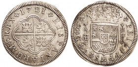 Philip V, 2 Reales, 1721, Segovia, Crowned arms/lions & castles, 27 mm, Choice EF, well struck, perfect metal, lustrous & nicely toned. Too good to be...