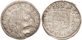 Philip V, 2 Reales 1723 Madrid, EF/AU, curled from roller dies, small part of obv ill-struck, rev beautifully struck; excellent metal with luster & lt...