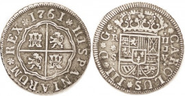 Charles III, 2 Reales, 1761 Seville-JV, VF, well struck, contrasty tone. KM $50.