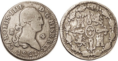 Charles IV, 4 Maravedis, 1801, Segovia, Nice bold F, medium brown, free of fault...