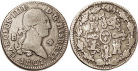 Charles IV, 4 Maravedis, 1801, Segovia, Nice bold F, medium brown, free of faults.