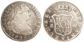 Charles IV, 4 Reales 1796, Madrid-MF, Bold F/VF, well struck, deeply toned, much detail on portrait.