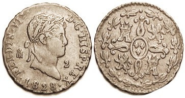 Ferdinand VII, 2 Maravedis, 1828 Segovia, Nice VF, medium brown, well struck.