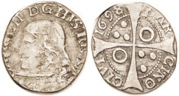 BARCELONA, Ar Croat 1698, Charles II bust l./cross & annulets, 18 mm, F-VF/VF, obv sl off-ctr, good metal with lt tone, strong portrait. Acquired 1982...