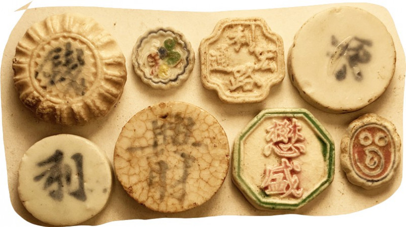 THAI porcelain gaming tokens, 8 diff, 19th c entury, most with color, Chinese in...