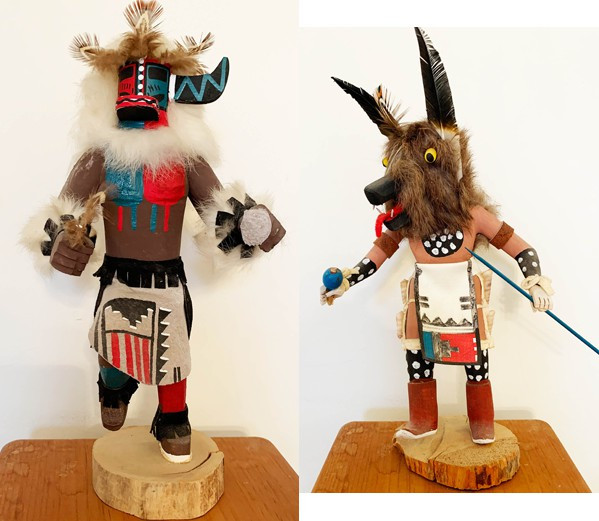KACHINA DOLLS, Native American, set of 3 diff, 10-12" tall; Wood, leather, feath...