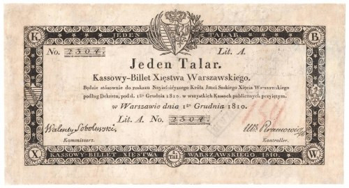 Księstwo Warszawskie, 1 talar 1810 A Banknot o bardzo przyjemnej prezencji niezn...