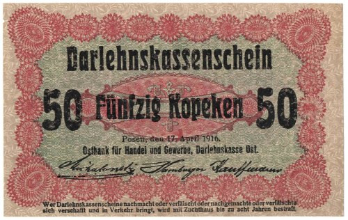 Poznań, 50 kopiejek 1916 krótka klauzula Doskonale zachowany banknot o żywej kol...