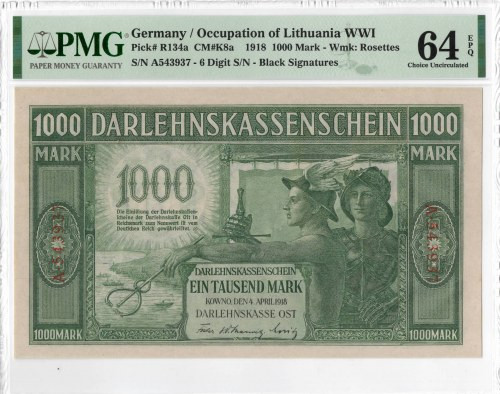 Ober-Ost, 1000 marek 1918, Kowno - PMG 64EPQ Doskonale zachowany banknot o ideal...