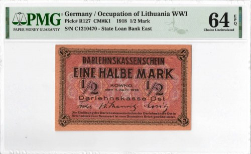 Ober Ost, 1/2 marki Kowno 1918 - PMG64 EPQ Emisyjny banknot o doskonałej prezenc...