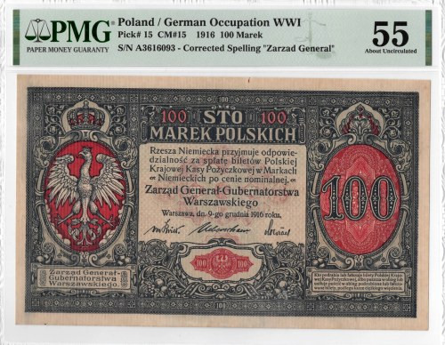 GG, 100 mkp 1916, Generał - PMG 55 Bardzo atrakcyjny egzemplarz w dobrej zdecydo...