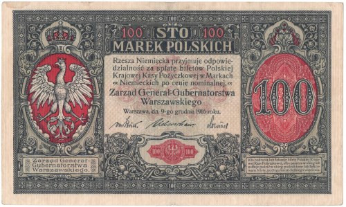 GG, 100 mkp 1916, Generał Obiegowy egzemplarz po konserwacji o przyjemnym odbior...