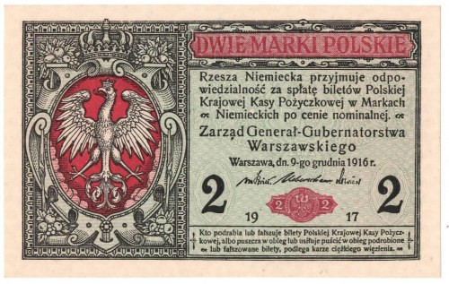 GG, 2 marki polskie 1916 Generał Wyśmienity banknot, o idealnej, żywej kolorysty...