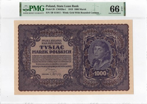 II RP, 1000 marek polskich 1919 I SERJA B - PMG 66EPQ Wyśmienicie zachowany bank...