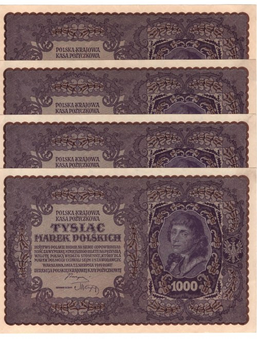 II RP, 1000 marek polskich 1919 II SERJA G - kolejne numery 4 egzemplarze Egzemp...