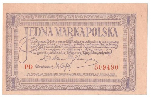 II RP, 1 marka polska 1919 PD Egzemplarz w stanie niemal emisyjnym, minus przyzn...