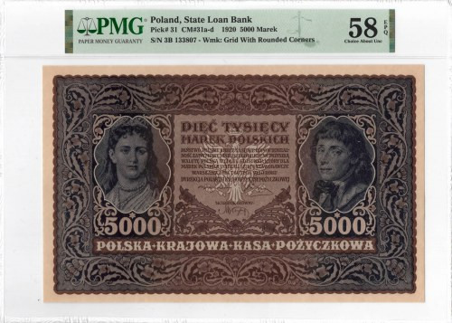 II RP, 5000 marek polskich 1920 III SERJA B - PMG 58EPQ Bardzo dobrze zachowany ...