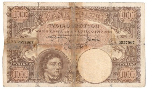 II RP, 1000 złotych 28 lutego 1919 Banknot w bardzo słabym stanie zachowania, pr...
