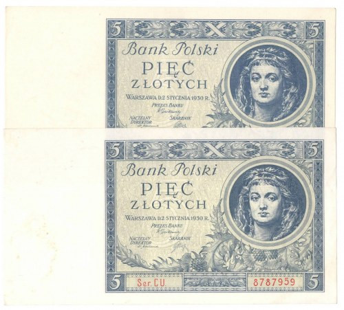 II RP, 5 złotych 1930 CU i BL Atrakcyjne egzemplarze w okołoemisyjnym stanie zac...