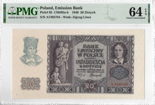 GG, 20 złotych 1940 A - PMG 64EPQ Bardzo dobrze zachowany banknot o idealnej żyw...