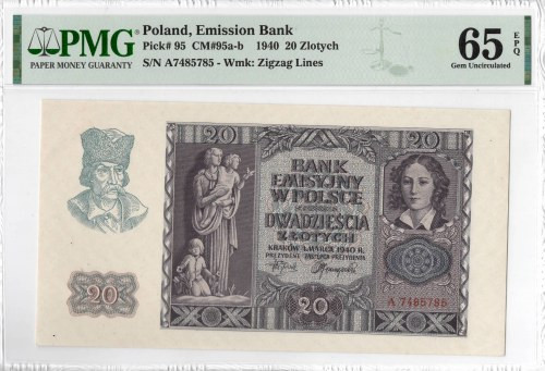 GG, 20 złotych 1940 A - PMG 65EPQ Wyśmienicie zachowany banknot o idealnej żywej...