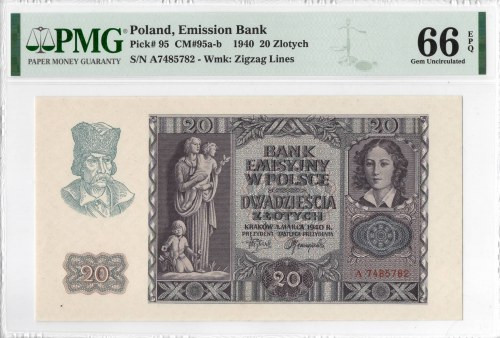 GG, 20 złotych 1940 A - PMG 66EPQ Wyśmienicie zachowany banknot o idealnej żywej...