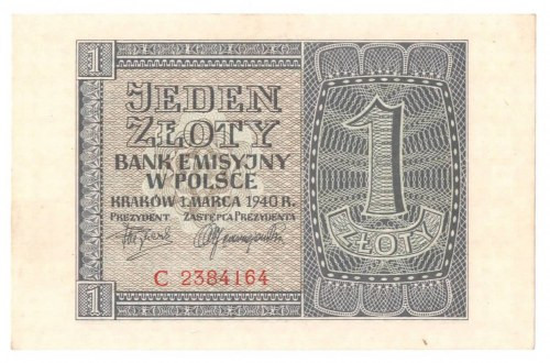 GG, 1 złoty 1940 C Banknot w emisyjnym stanie zachowania i doskonałej wizualnie ...