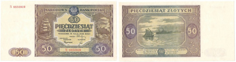 PRL, 50 złotych 1946 N Egzemplarz o prezencji emisyjnej, jednak po profesjonalne...