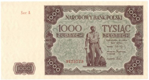 PRL, 1000 złotych 1947 A Bardzo dobrze zachowany banknot w stanie wizualny blisk...