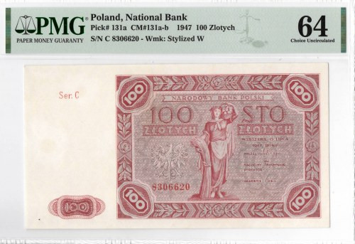 PRL, 100 złotych 1947 C - PMG 64 Bardzo dobrze zachowany banknot o idealnej żywe...