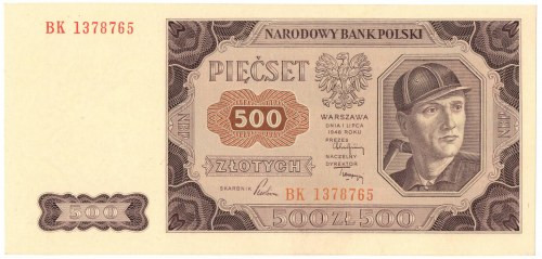 PRL, 500 złotych 1948 BK Egzemplarz w doskonałej kondycji, bez śladów obiegu. Ba...