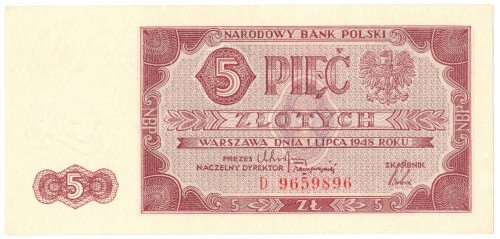 PRL, 5 złotych 1948 D Egzemplarz w doskonałej kondycji, brak jakichkolwiek śladó...